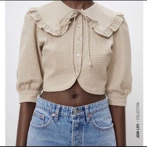 Zara Peter Pan Collar Gingham Top Cottage Core Doen